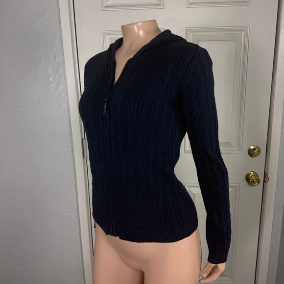 Vintage Y2K Old Navy Women's Sweater XS Cable Knit Hooded Navy Cotton X4-25 - Picture 3 of 7